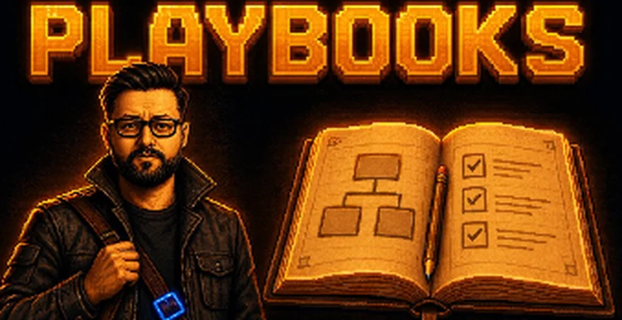 An open playbook with a workflow diagram and a checklist, the PLAYBOOKS chapter