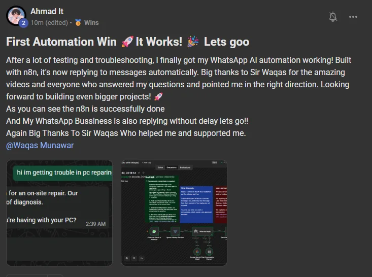 Ahmad's post about shipping a WhatsApp AI receptionist
